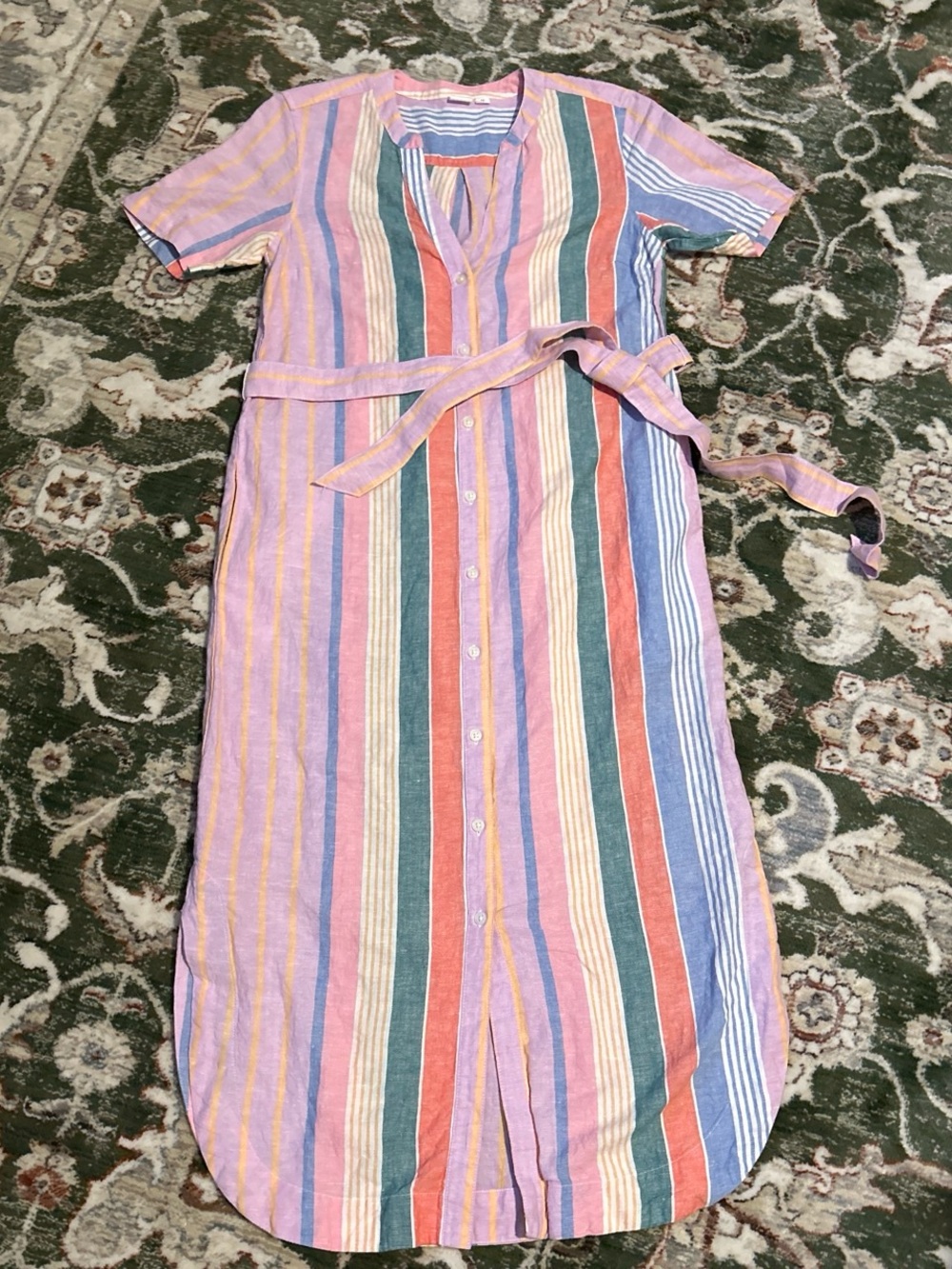 GAP Striped Multi-Color Button-Front Nightgown with Tie Belt